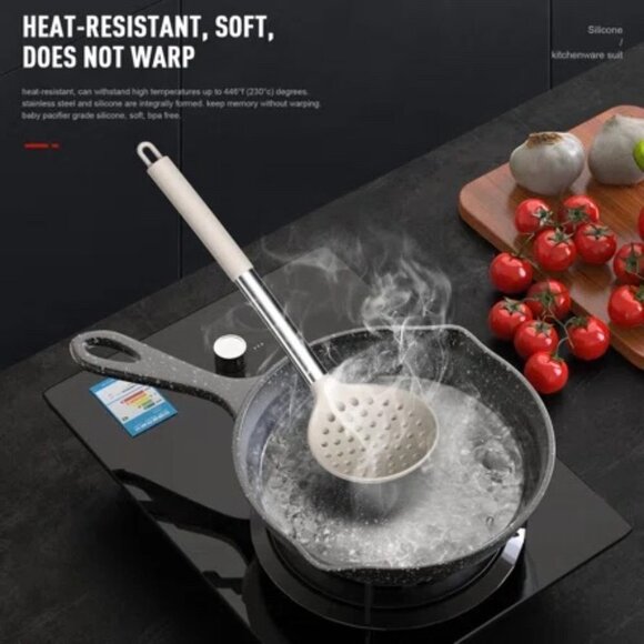 New Silicone Cooking Utensils Set Stainless Steel and Khaki Taupe - Picture 5 of 7